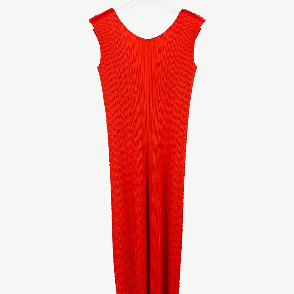 Issey Miyake Pleats Please Rust Red Pleated Sleeveless Maxi Dress